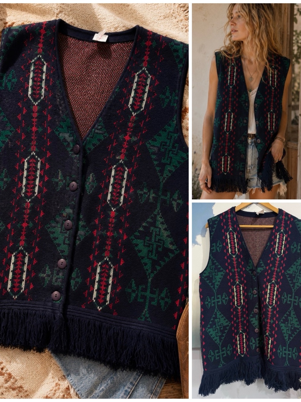 Vintage Fringe Sweater Vest Southwestern Geometric Print Button Up Boho Medium